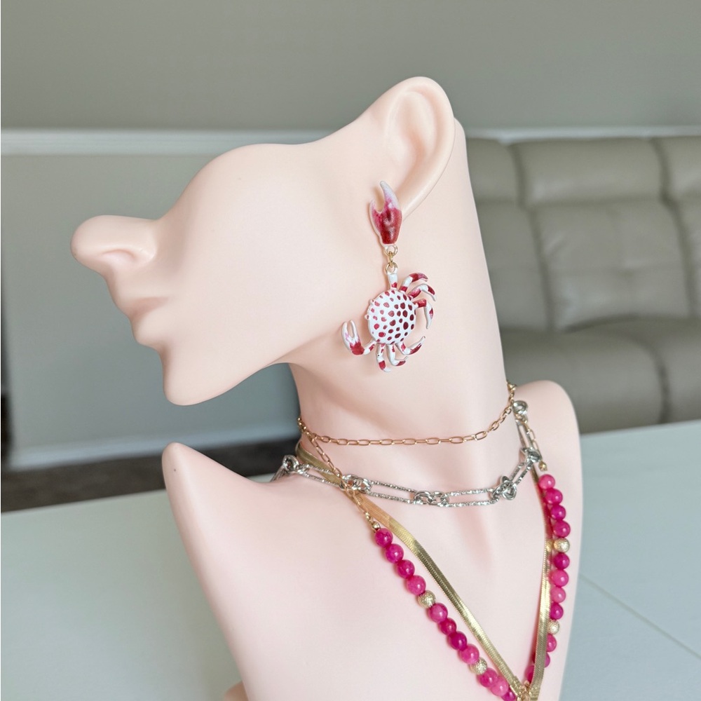Red and White Crab Dangle Earrings - Women Jewelry - Picture 3 of 12